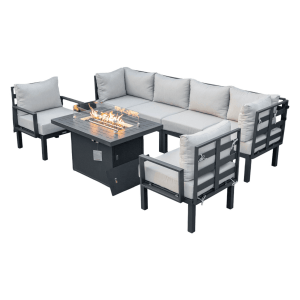 Chelsea 7-Piece Patio Sectional Set in Black Aluminum with Fire Pit