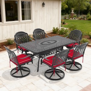7-Piece All-Weather Cast Aluminum Dining Set, Include 6 Swivel Chairs and Rectangular Table With Black Frame